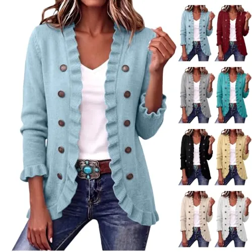 Knit Cardigan Sweater Ruffle Trim