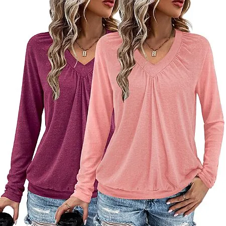 2-Pk AIZHINENG Women's V Neck Ruched Long Sleeve Tops (L or XL Only)