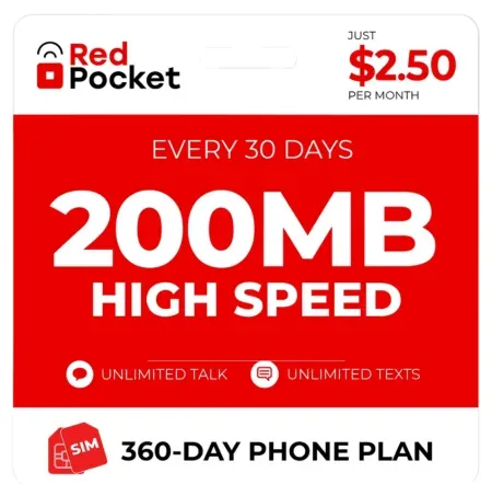 1-year Red Pocket Prepaid Plan (200Mb LTE Data) + SIM Kit