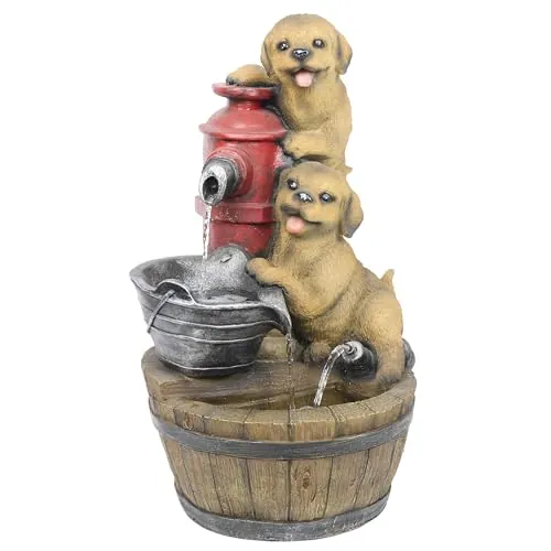 Alpine Corporation GXT986 26" Tall Outdoor Barrel Fountain with Playful Puppies