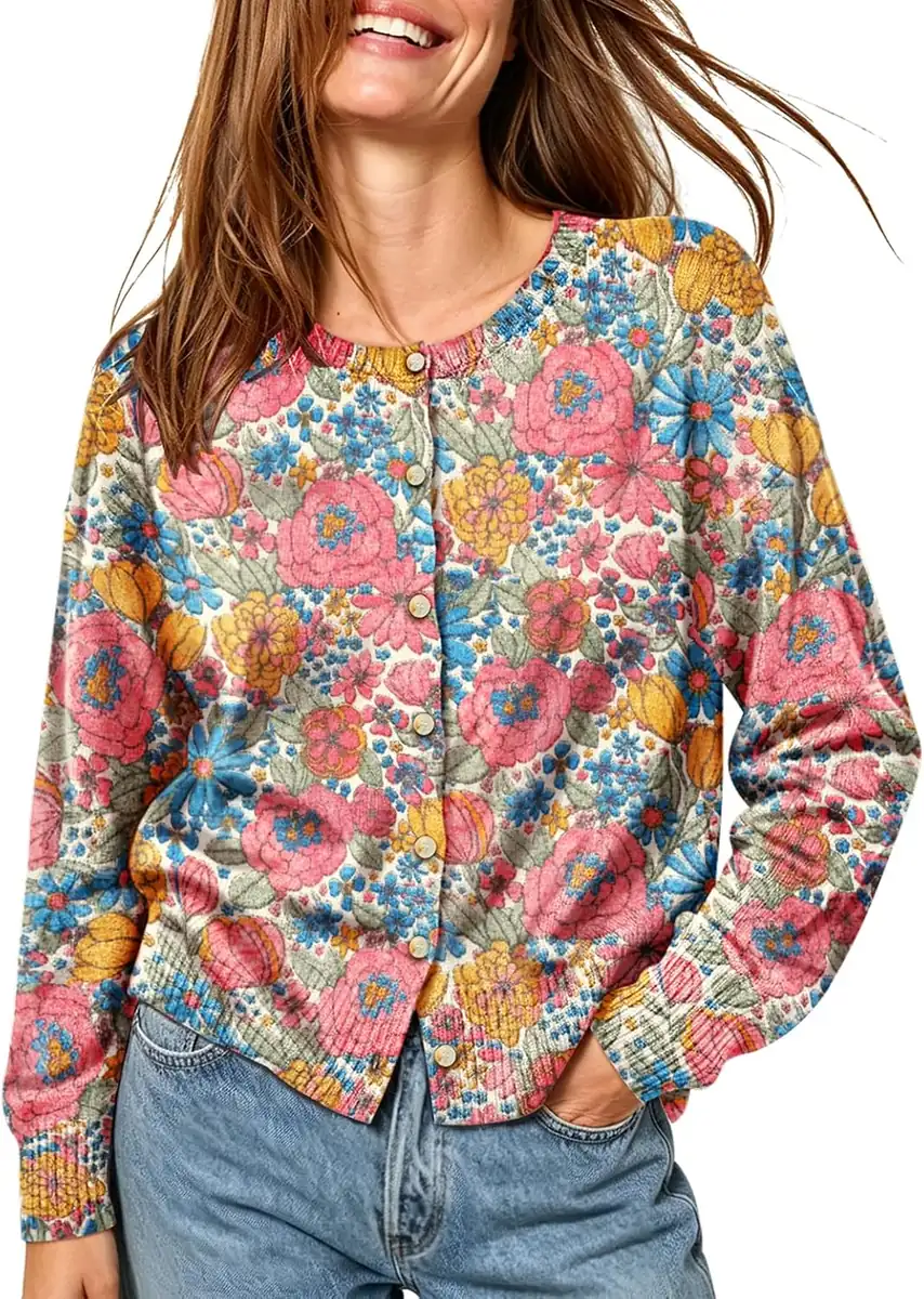 BOHOWE Print Cropped Cardigan Sweater