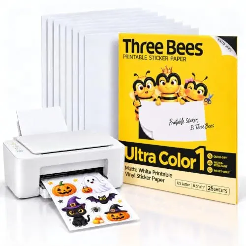 Printable Vinyl Sticker Paper for Inkjet Printers, Matte White, 25 Sheets