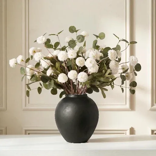 15 Stems White Fake Mums & Eucalyptus Leaves Artificial Flowers