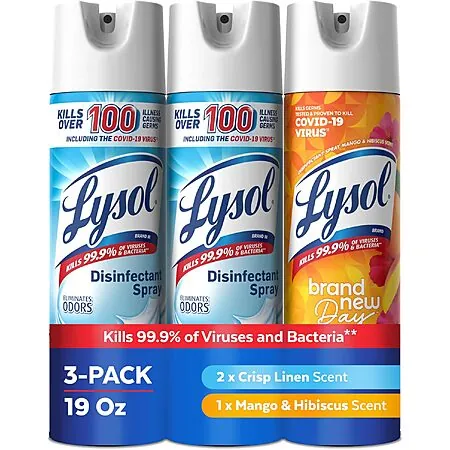 3-Pk 19-oz Lysol Disinfectant Spray (Crisp Linen & Mango)