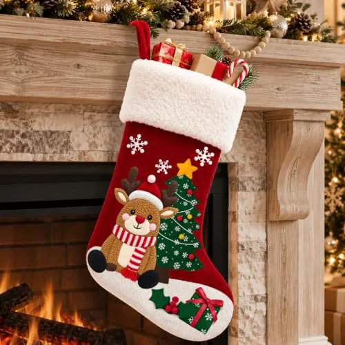 Reindeer Christmas Stockings with Christmas Tree & Gift, 20-Inch 3D Fuzzy Xmas Hanging Animal Stocking
