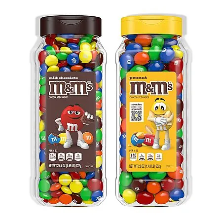 2-Pk M&M's Milk Chocolate Candy Jars: 25.5-Oz Original + 23-Oz Peanut