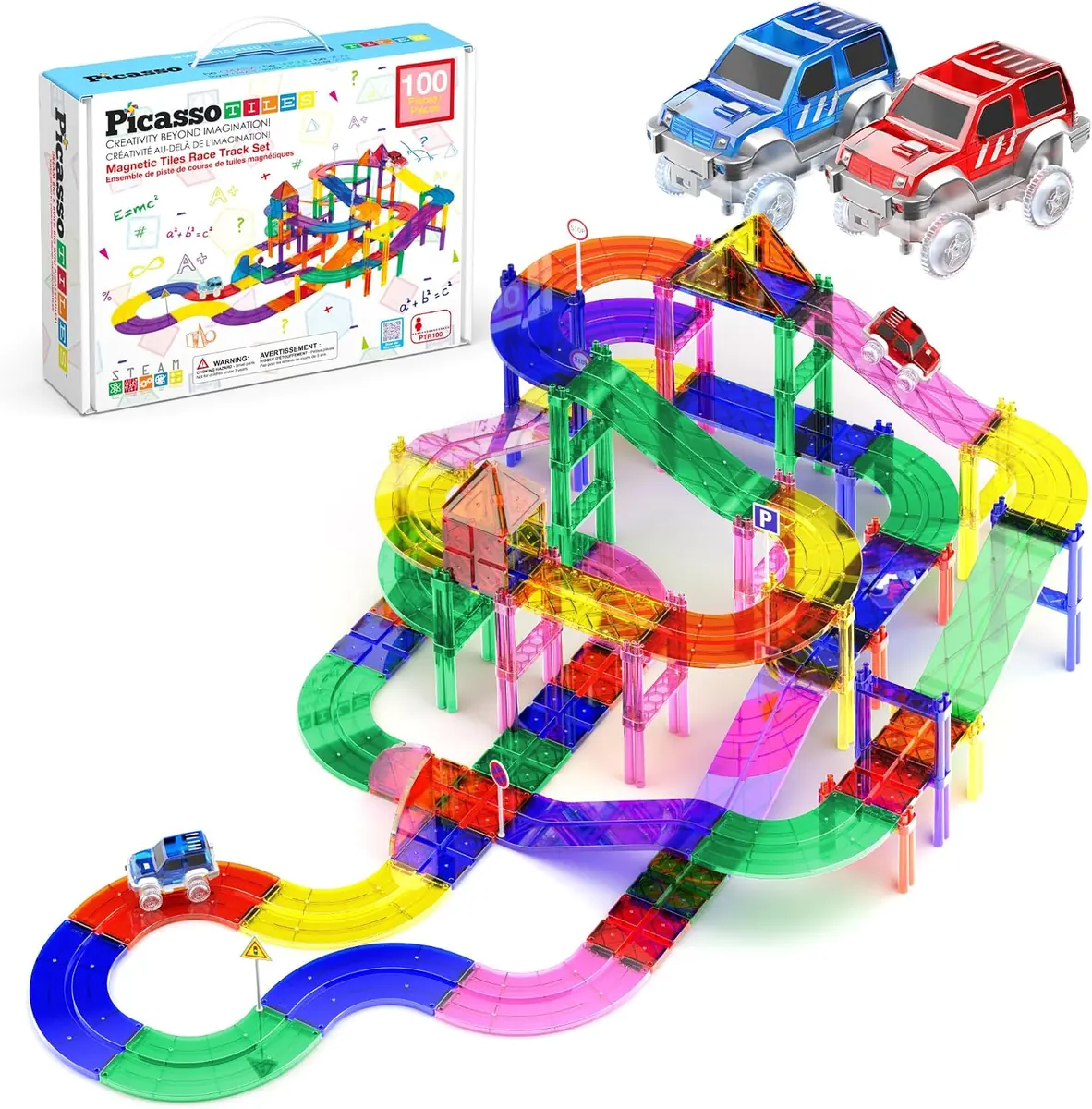 PicassoTiles 100-Piece Magnetic Tiles Race Track