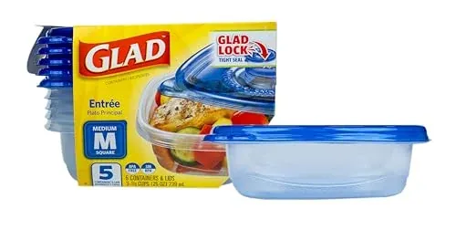 Glad GladWare Entree Food Storage Containers, Medium Square 5 Count 25 Oz