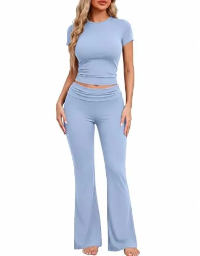 Ekouaer Short Sleeve Crop Top Flare Pants Set