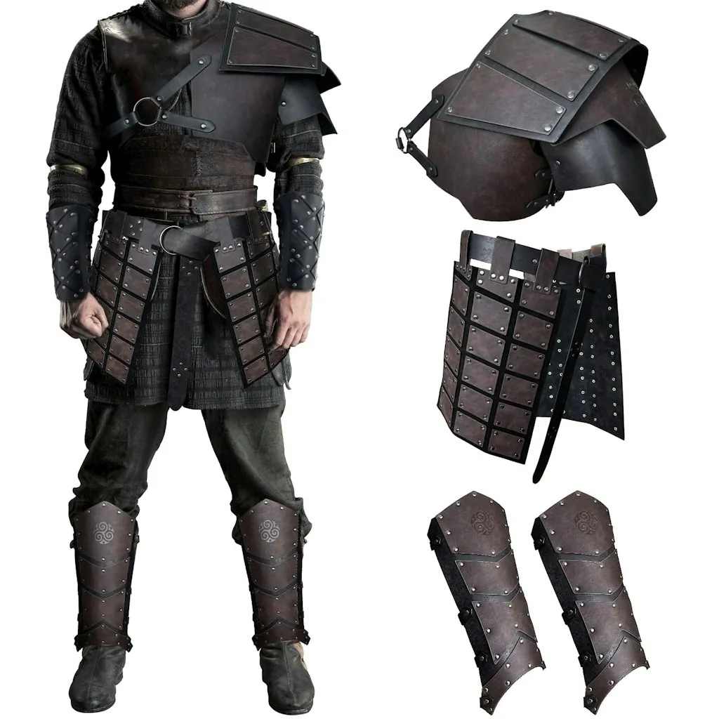 HiiFeuer Medieval Faux Leather Single Pauldron Shoulder Armor w/ Thigh & Leg Armor