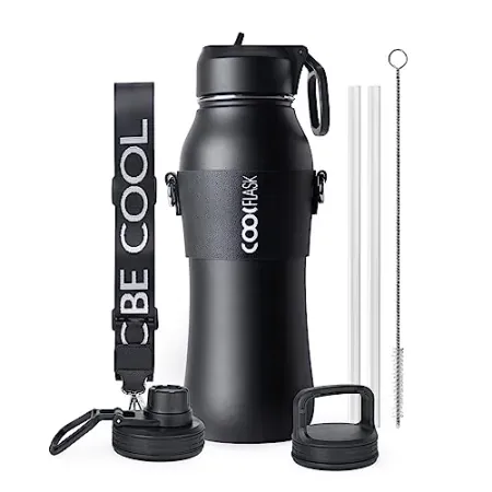 Coolflask 32oz Water Bottle w/ Carry Sleeve, 3 Caps, 2 Straws
