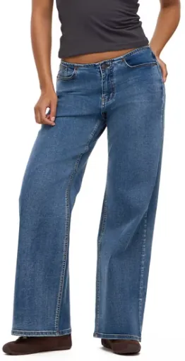 Forever 21 Women's Mid Rise No Waist Wide Leg Stretch Cotton Blend Denim Jeans (Medium Acid Wash, Sizes 00-18)