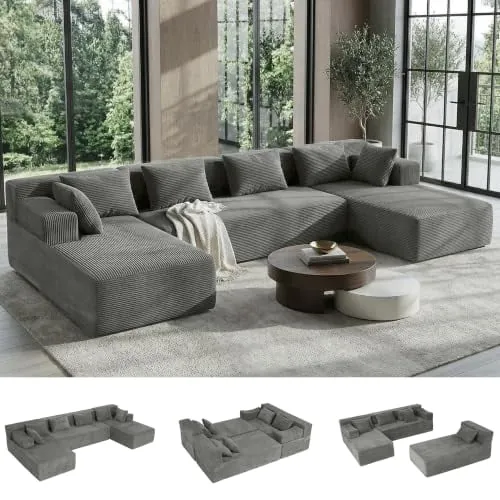 MONVANE 141" U-Shaped Modular Sectional Sofa, Ash Grey