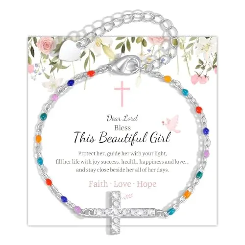 Cross Bracelet for Girls, 14K Gold Plated Christian Jewelry with Colorful Beads