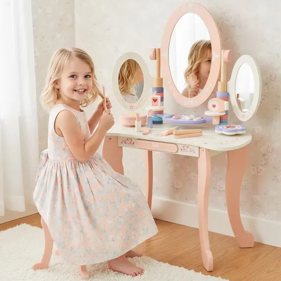 Pink Wooden Kids Vanity Set with Mirror and Chair