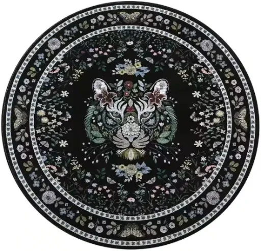 Black 4 ft. x 4 ft. Round Washable Tiger Print Rug