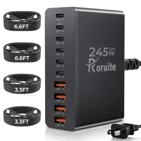 Roruite 10-Port 200W USB-C Charger Block w/ 4 Cables