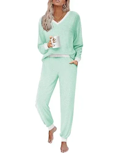 JUSTFASHIONNOW Women's Striped 2-Piece Pajama Set