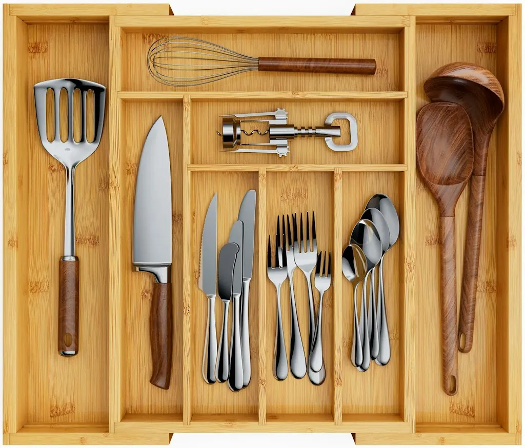 Rebrilliant Luzius Bamboo Adjustable Expandable 8 Slot Flatware Drawer Organizer