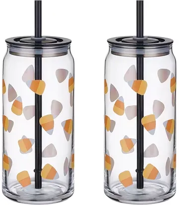 Way to Celebrate Halloween Candy Corn Glass Can Sipper Tumblers, 20 oz 2-Pack