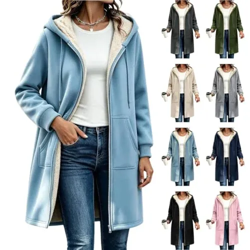 Hooded Fleece Lined Zip Up Long Coat