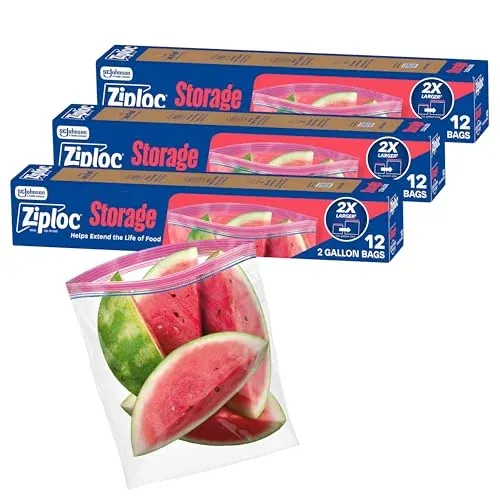 Ziploc 2 Gallon Food Storage Bags, 36 Total Bags (12 Count, 3-Pack)