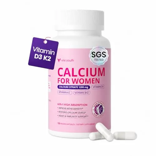 VIVI Youth Calcium for Women, 4-in-1 Calcium Citrate 1200mg with D3, K2 & B12, 60 Servings