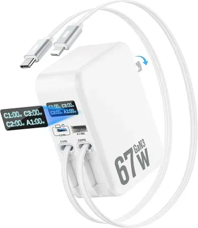 Jasput 67W 4-in-1 GaN Retractable Wall Charger w/ Dual Built-In Cables