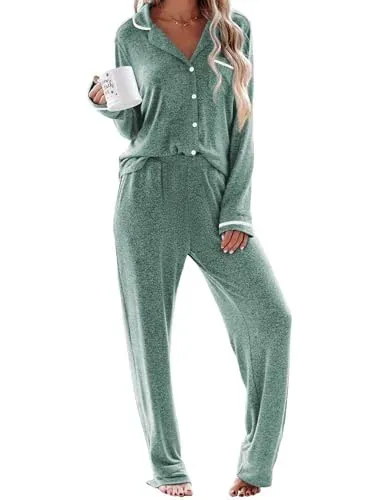 Ekouaer Womens Pajama Sets Long Sleeve Button Down 2 Piece Lounge Set Green
