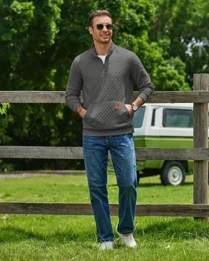 COOFANDY Mens Quarter Zip Long Waffle Quilted Pullover