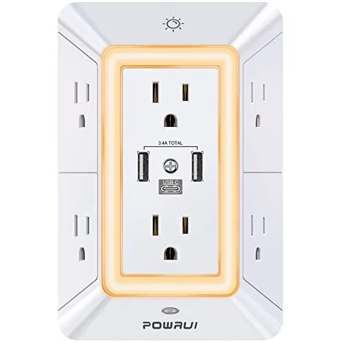 POWRUI 6 Outlet Extender & 3 USB Ports Multi Plug Wall Outlet Night Light