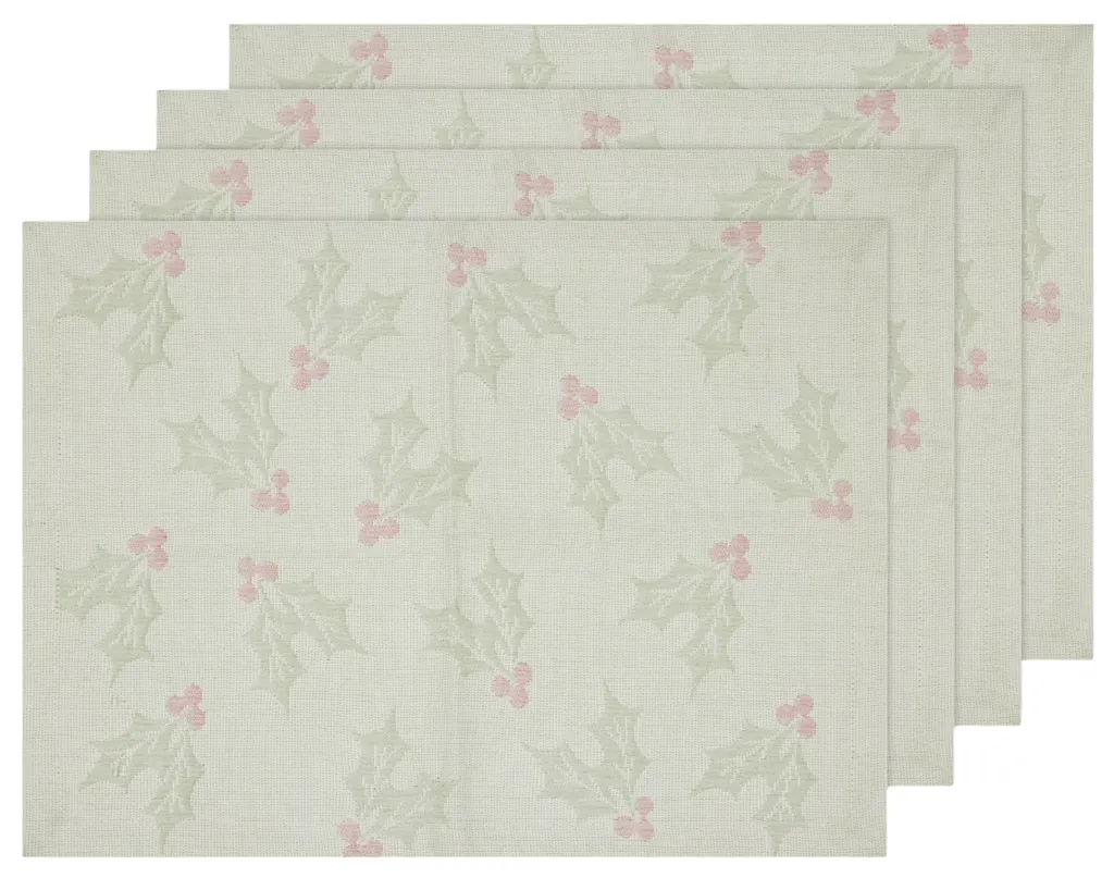 Holiday Holly 100% Cotton Jacquard 4-Piece Placemat Set