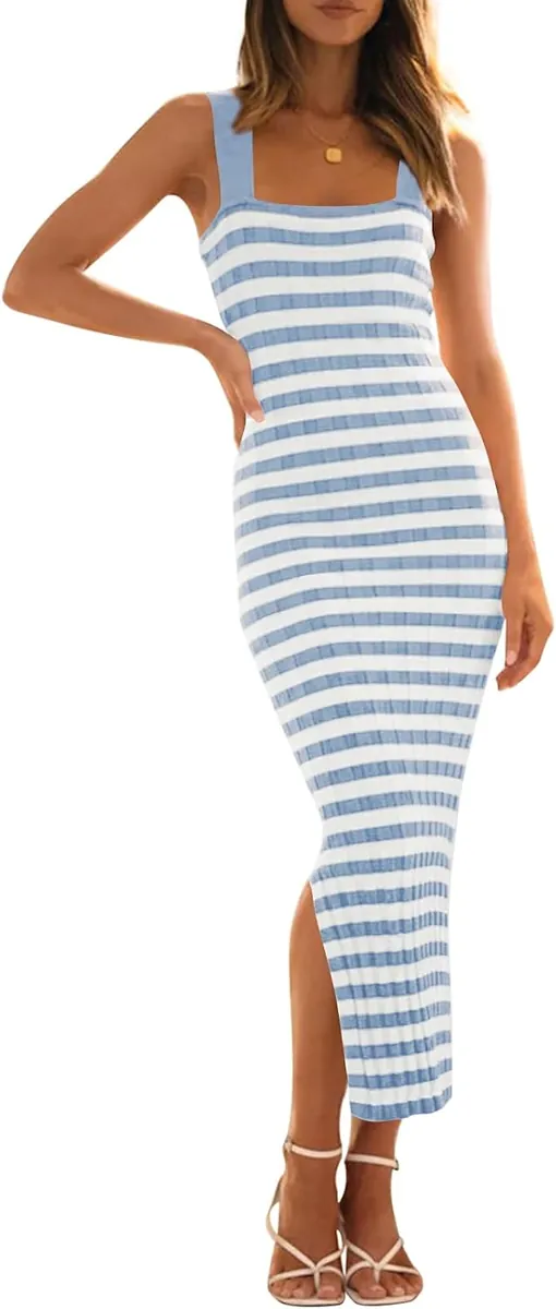 MEROKEETY Striped Midi Sweater Dress