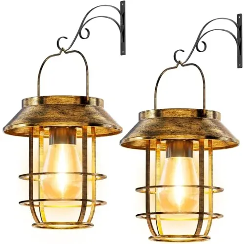 2 Pack Solar Lanterns Outdoor Waterproof, Retro Metal Hanging Lantern