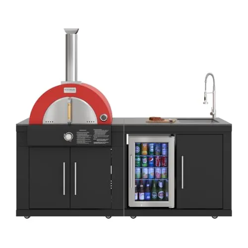 KoolMore Reserve 79 in. Outdoor Kitchen Island with 22 in. Propane/Natural Gas and Wood Pizza Oven, Sink, and Refrigerator and Cabinet in Black