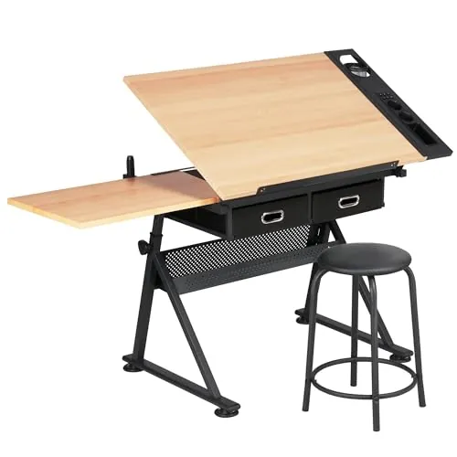 Yaheetech Adjustable Drafting Table Art Desk with Storage Drawers & Stool