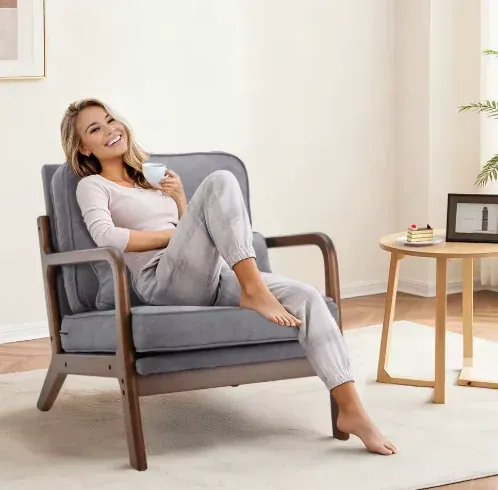 JHK Mid-Century Modern Accent Chair w/ Solid Wood Frame & Waist Cushion (3-Colors)