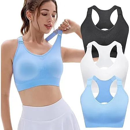 3-Pk FITTIN Women's Adjustable Padded Sports Bra (Blue/White/Ice Blue)