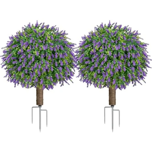 24.7" Artificial Boxwood Topiary Ball Trees with Lavender Set of 2