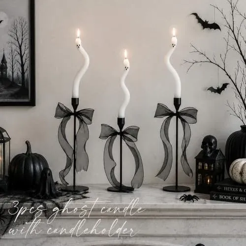3Pcs Twisting Ghost Candles Decor with Candle Holders and Ribbons