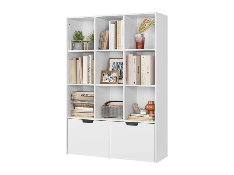 Senfot White Bookshelf 55.3" H with 9 Cubes and 2 Large Drawers