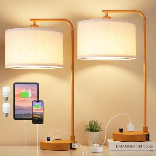 Innqoo Dimmable Modern Wood Linen Shade Table Lamps 2-Pack