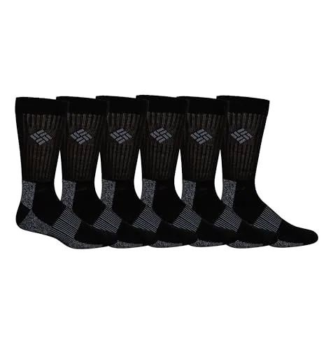 6-Pairs Columbia Men's Moisture Control Crew Socks, Black, Size 6-12