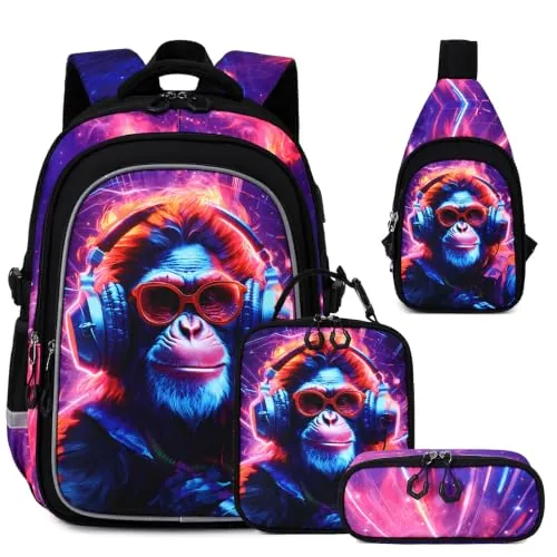 Jafeton 4PCS Gaming Backpack for Boys with Sling Bag & Lunch Box, Gorilla Video Game Theme