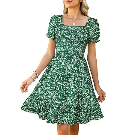 Lyrur Women's Floral Square Neck Smocked Knee Length Summer Dress (Various)