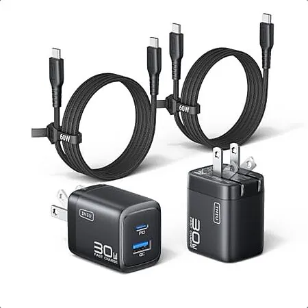 2-Pk INIU 30W GaN Mini USB-C/A Wall Chargers w/ 2x 5' USB-C Cables (Black)