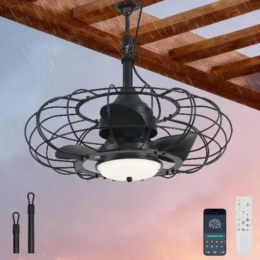 Black Outdoor Ceiling Fan with IP65 Waterproof, 6 Speeds