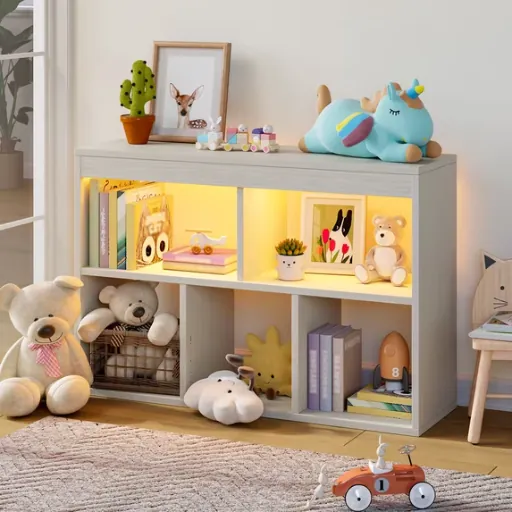 Pinmoco 5-Cube Reversible Toy Storage Organizer LED Kid's Shelf Multipurpose Bookcase (Light Gray)