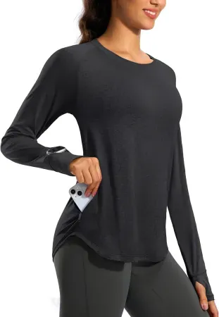 G Gradual Women's LS Crew Neck Workout Top w/ Zip Pocket
