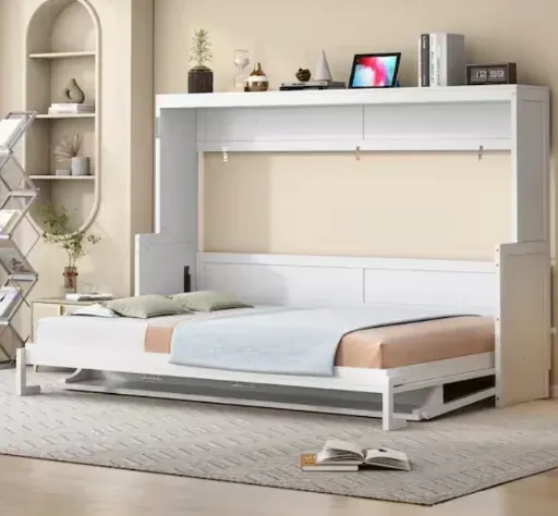 Noble House Vincent Modern White Wood Frame Queen Size Murphy Bed with Desk